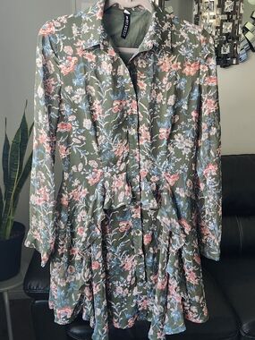 Design Lab Lord & Taylor Olive Green Floral Long Sleeve Shirt Dress